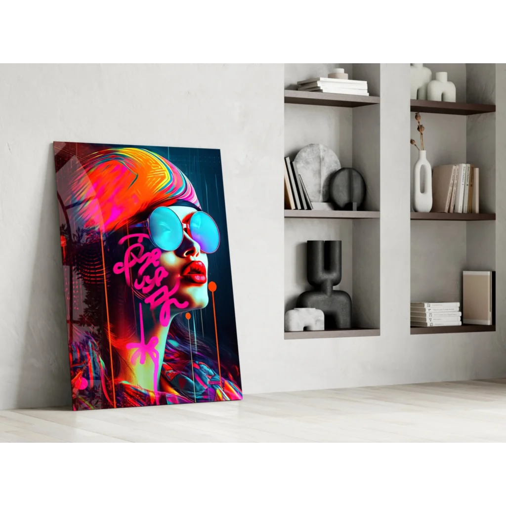 Vibrant neon graffiti woman canvas wall art print with blue sunglasses