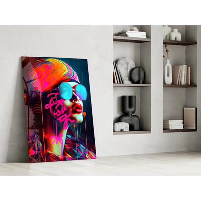 Vibrant neon graffiti woman canvas wall art print with blue sunglasses