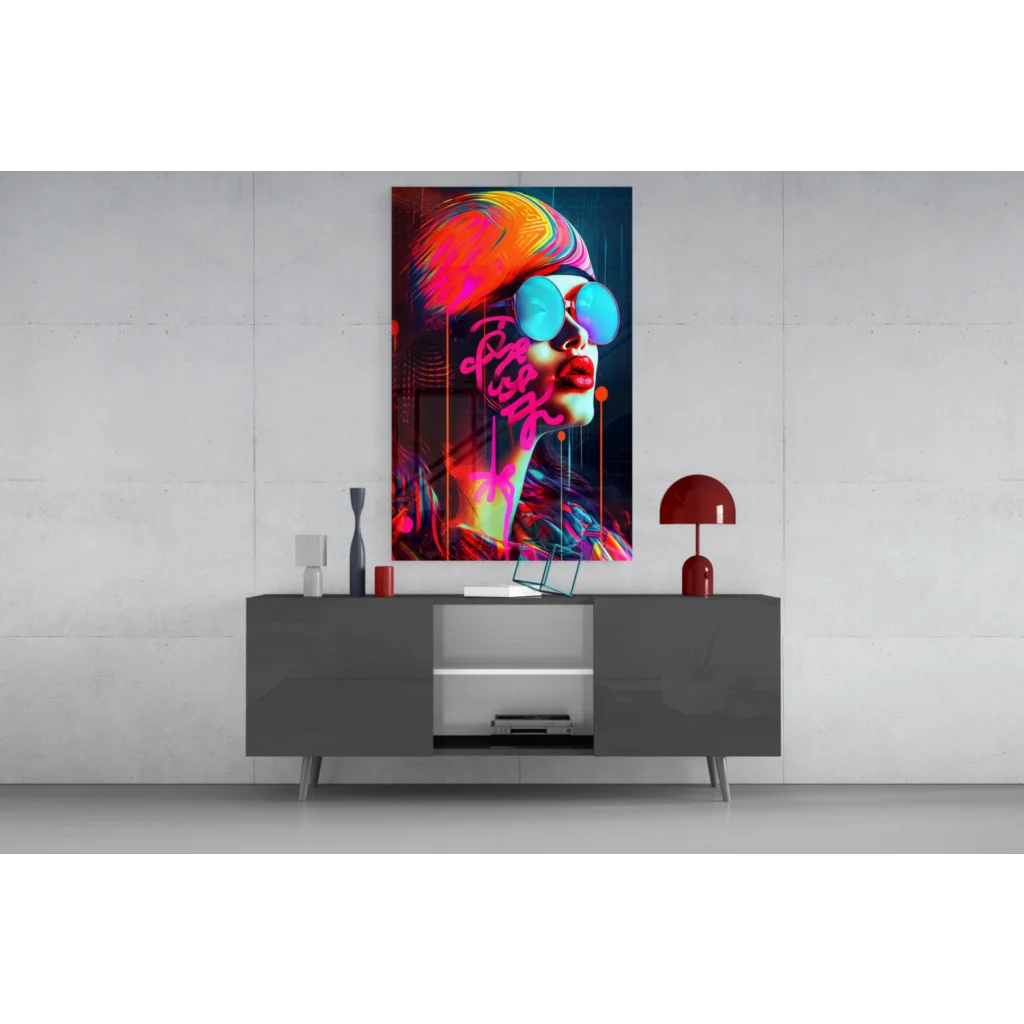 Vibrant neon graffiti woman wall art canvas print with bold blue sunglasses
