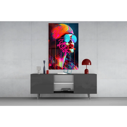 Vibrant neon graffiti woman wall art canvas print with bold blue sunglasses