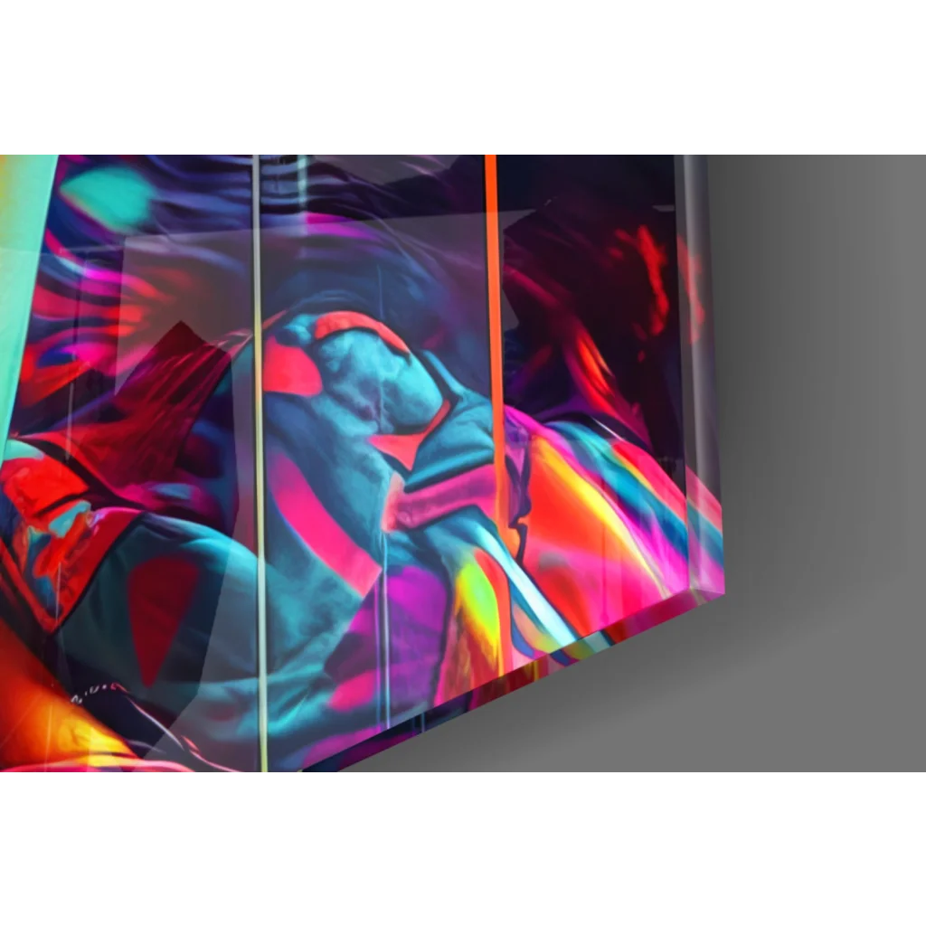 Vibrant neon graffiti woman glass wall art on acrylic panel