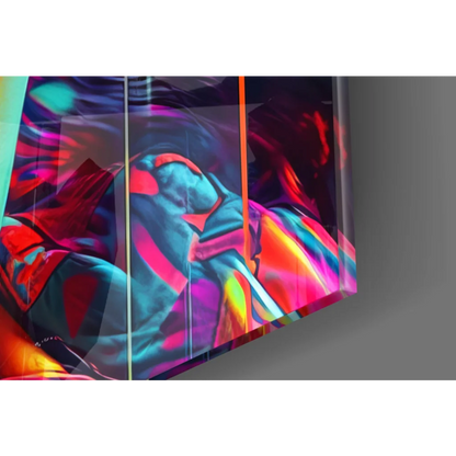 Vibrant neon graffiti woman glass wall art on acrylic panel