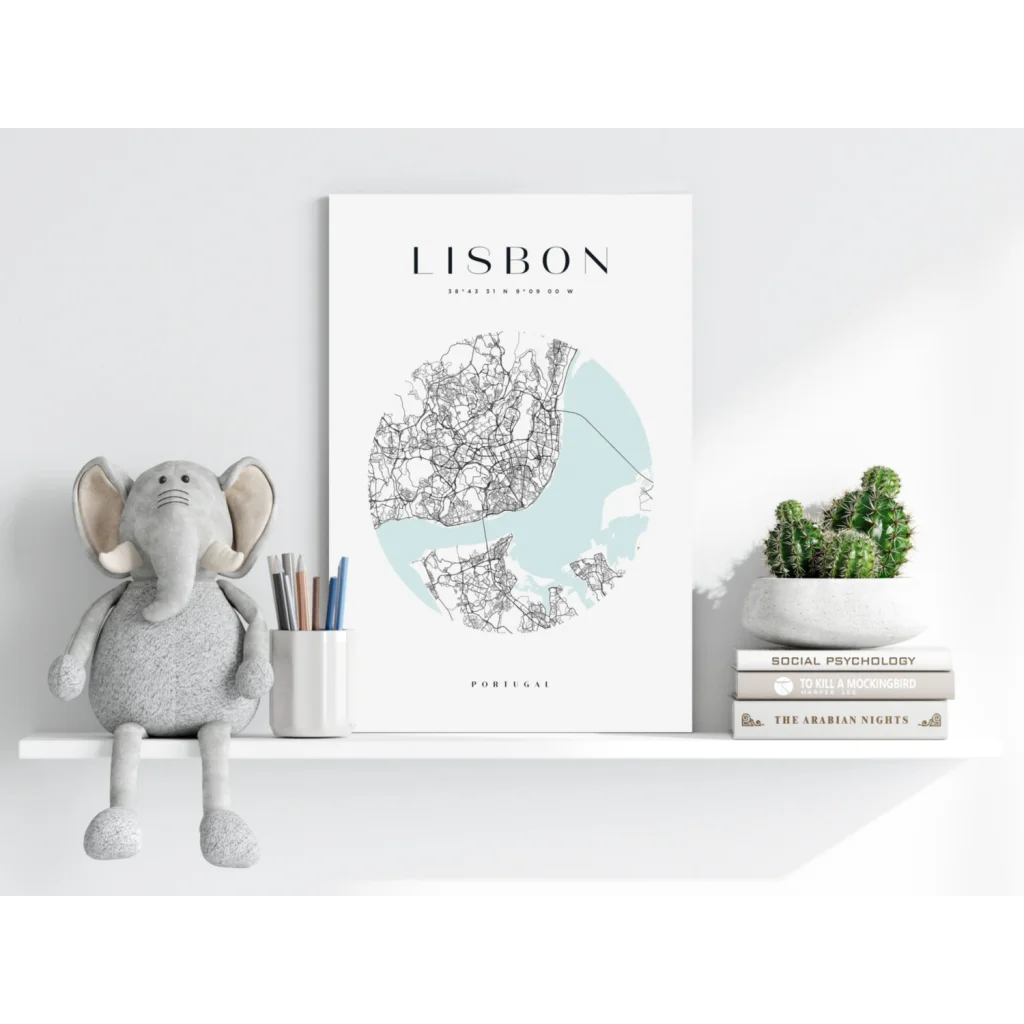 Cute gray elephant plush with white trunk on Lisbon map print shelf