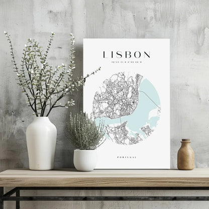 Minimalist Lisbon city map poster in white and teal on aluminum print