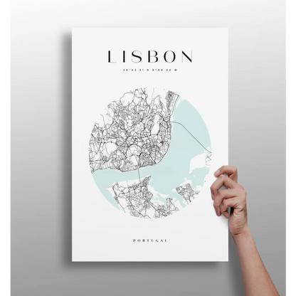 White minimalist Lisbon city map poster in teal and black on aluminum print