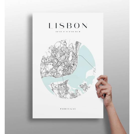 White minimalist Lisbon city map poster in teal and black on aluminum print