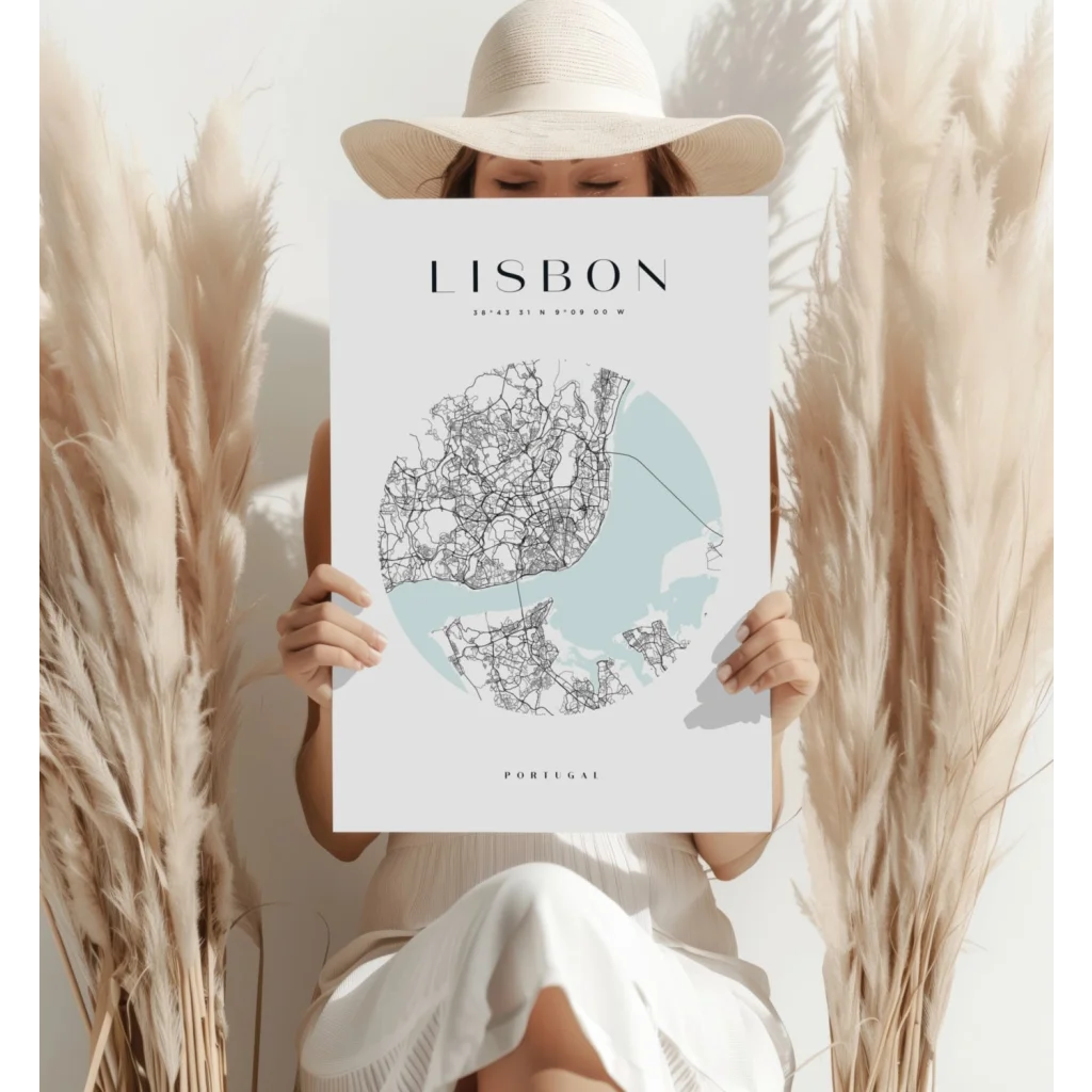 White and teal Lisbon Portugal map poster on aluminum print