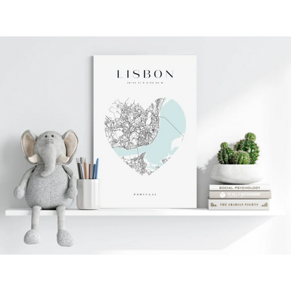 Lisbon Heart Map Insigne Aluminum Print with white frame and minimalist design