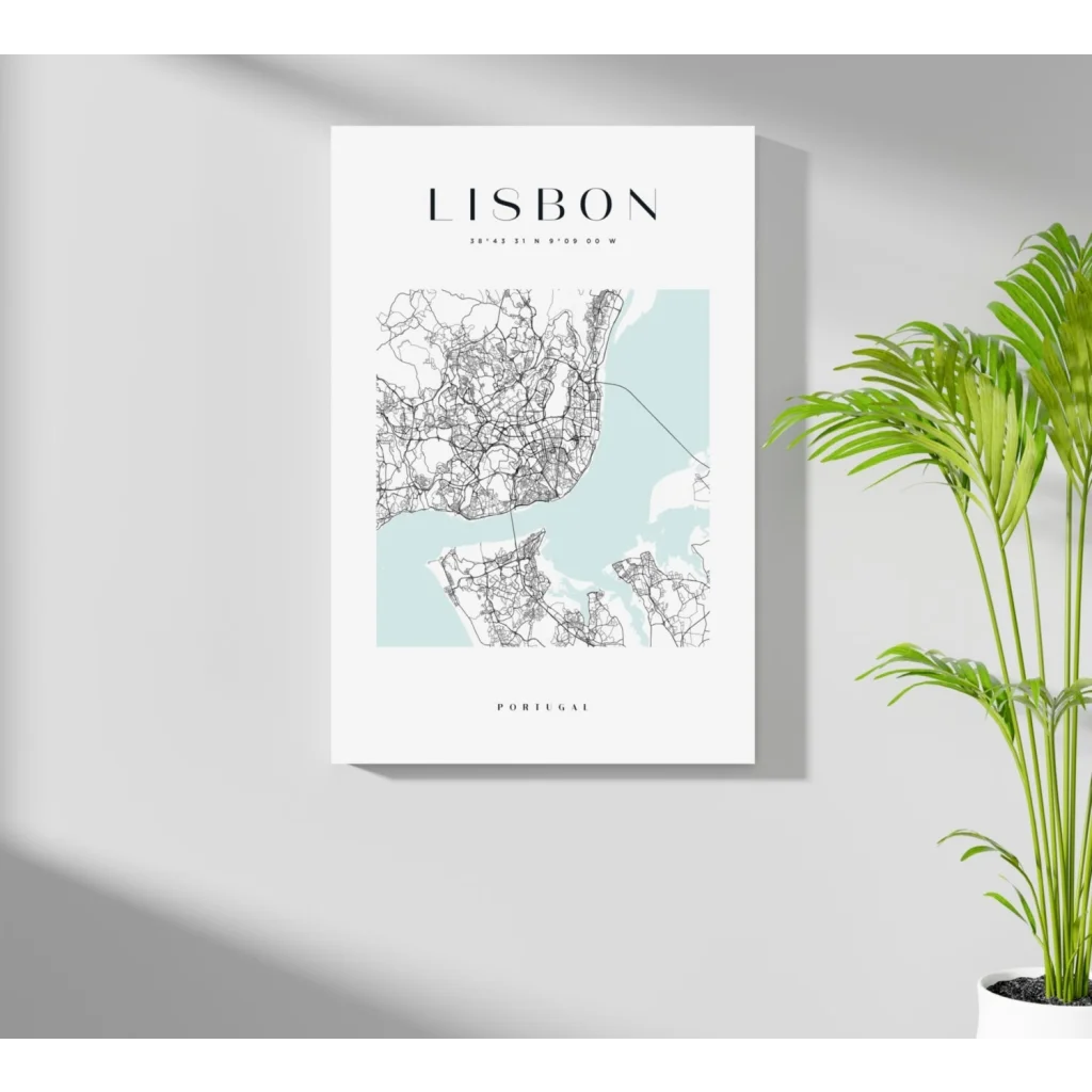 Stunning minimalist Lisbon map insigne aluminum print on white background