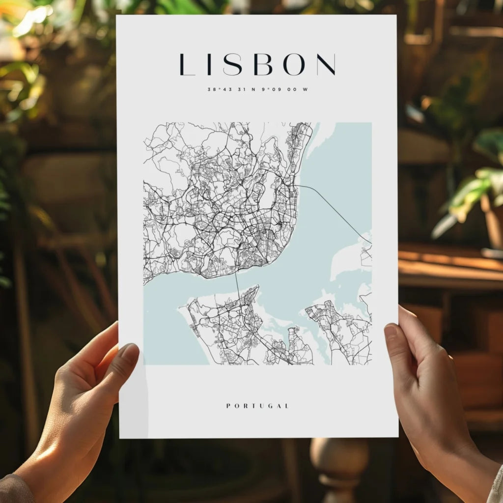 Minimalist Lisbon map on insigne aluminum print, black lines and blue water
