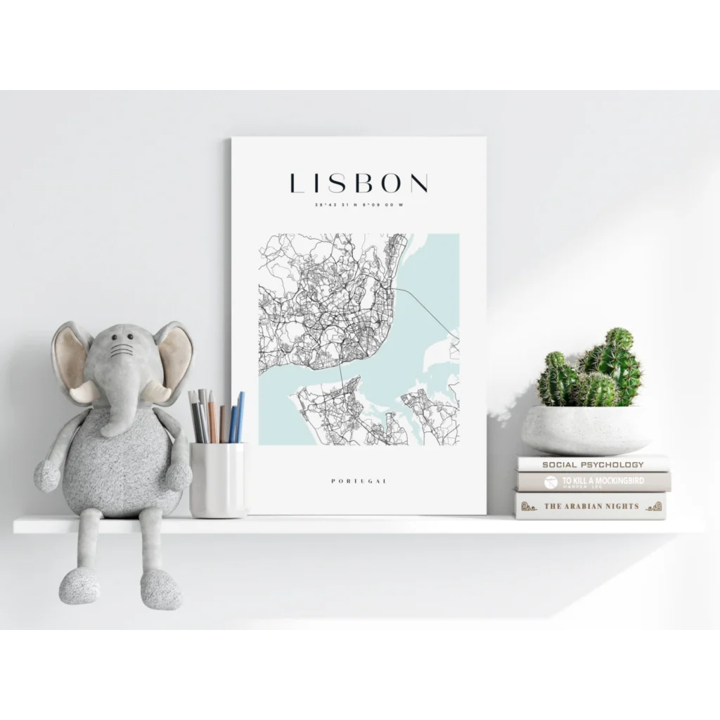Framed minimalist Lisbon map poster on insigne aluminum print