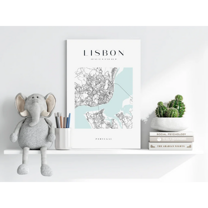 Framed minimalist Lisbon map poster on insigne aluminum print