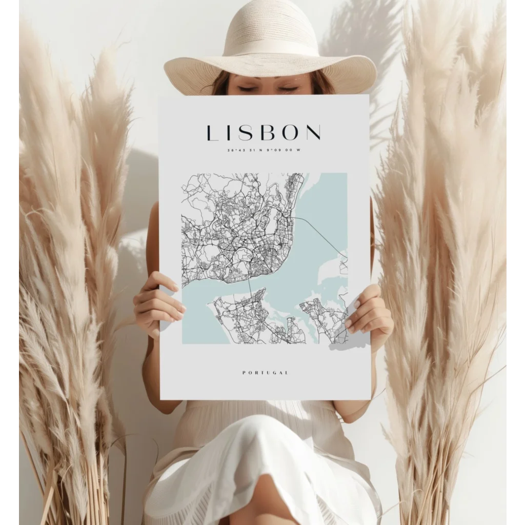 Minimalist Lisbon map on insigne aluminum prints, black lines on white with blue water