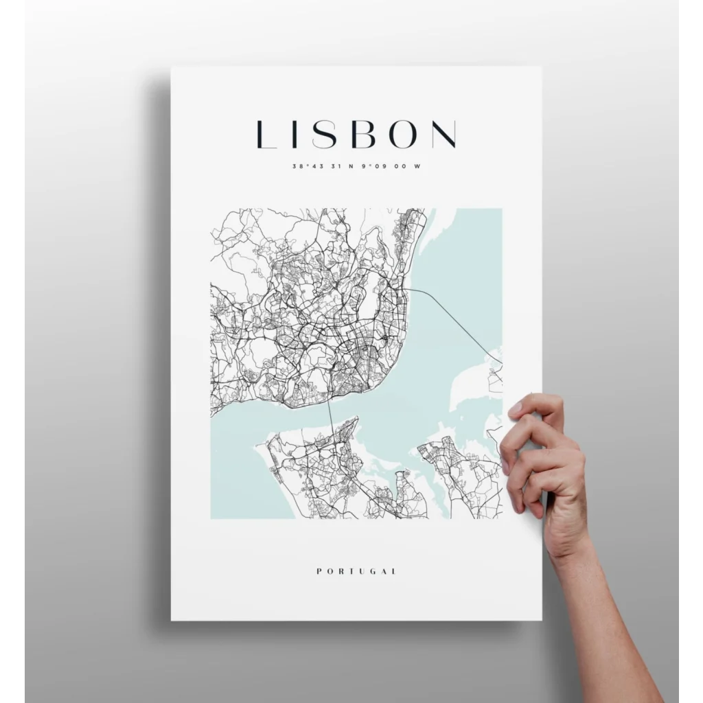 Minimalist Lisbon map on insigne aluminum print with blue watercolor accents