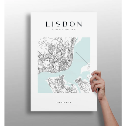 Minimalist Lisbon map on insigne aluminum print with blue watercolor accents