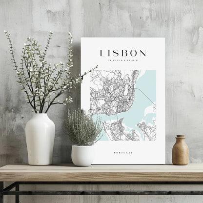 Minimalist Lisbon map on insigne aluminum print with mint green wash