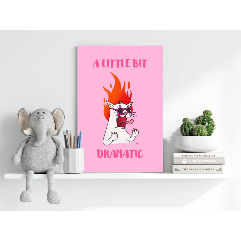 Dramatic pink cartoon cat on insigne aluminum prints