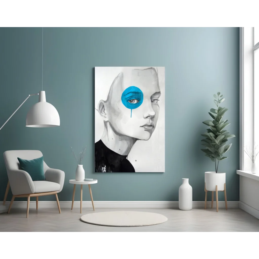 Stylized blue tear portrait canvas wall art on teal wall