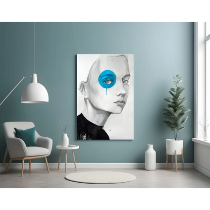 Stylized blue tear portrait canvas wall art on teal wall
