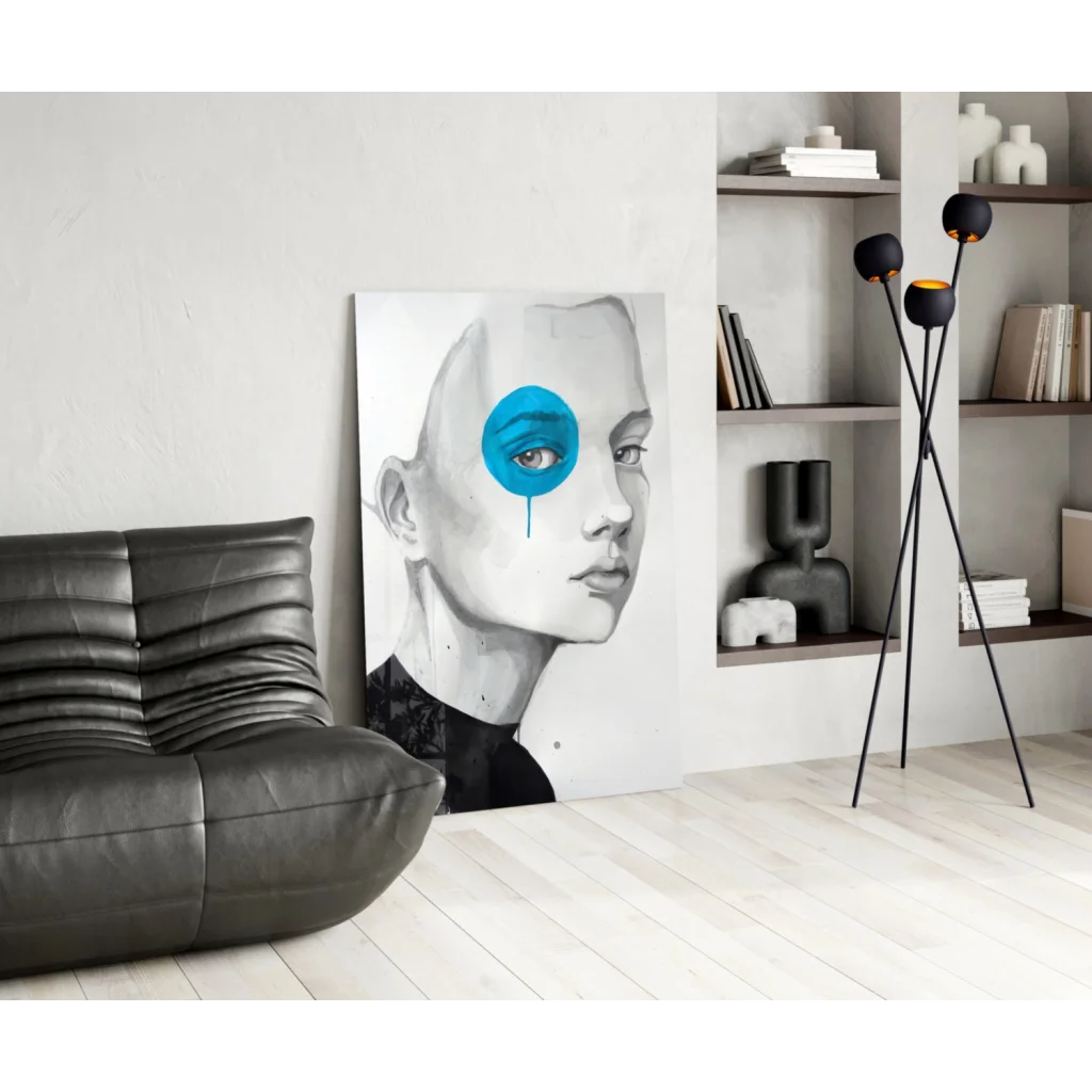 Stylized black-and-white portrait canvas wall art with bold blue circle on face