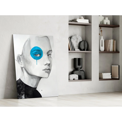 Striking black-and-white portrait wall art with blue tear eye, canvas for modern spaces