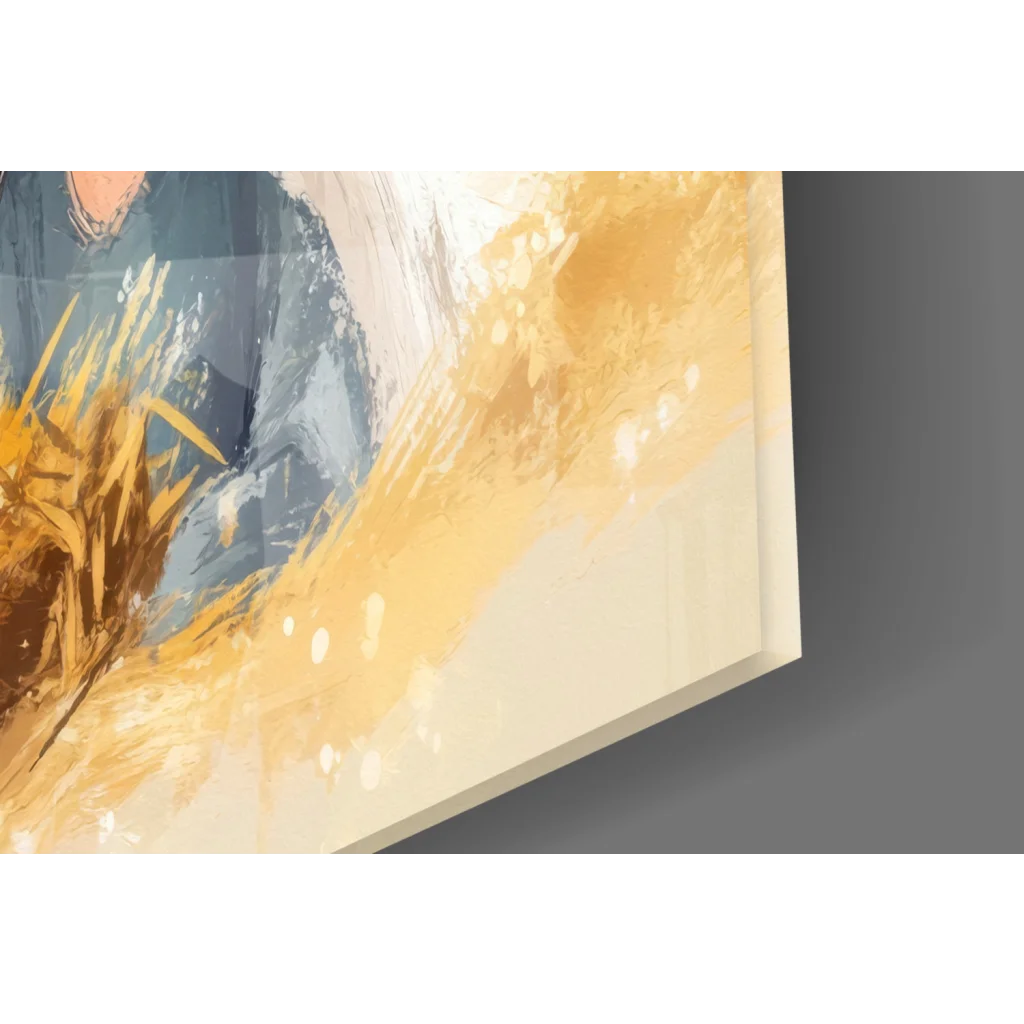 Modern abstract glass wall art in gold, blue, and cream strokes