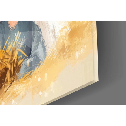 Modern abstract glass wall art in gold, blue, and cream strokes