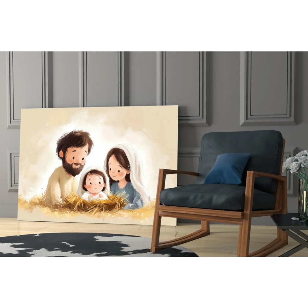 Beige canvas cartoon nativity scene in stunning glass wall art