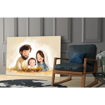 Beige canvas cartoon nativity scene in stunning glass wall art