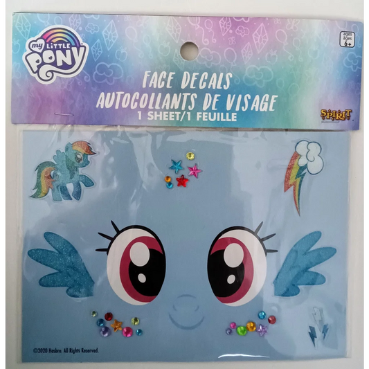 Sparkly My Little Pony face decals with rainbow clouds and big blue pink eyes