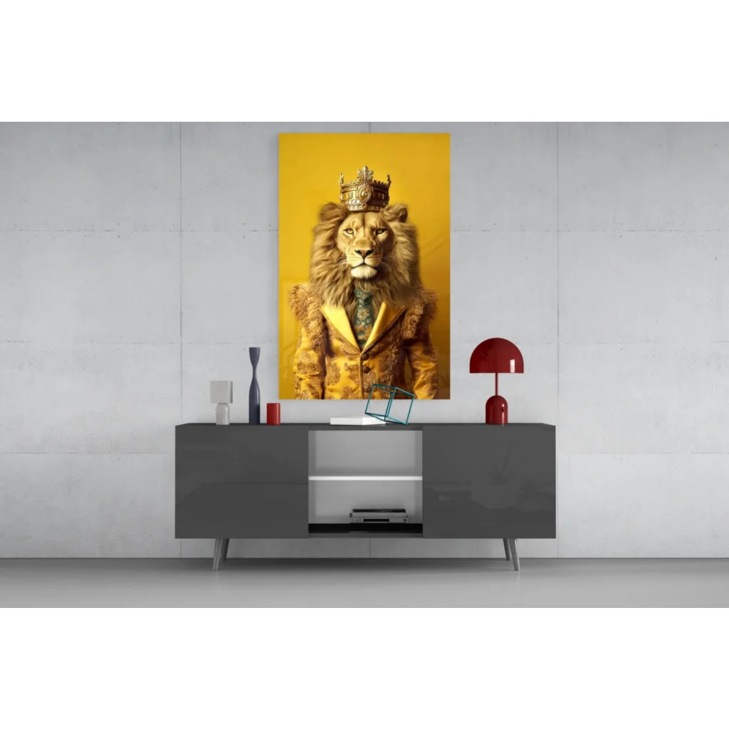 Majestic lion king glass wall art canvas in golden glory