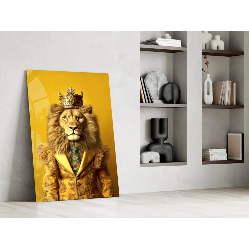 Majestic golden lion king glass wall art on vibrant yellow background