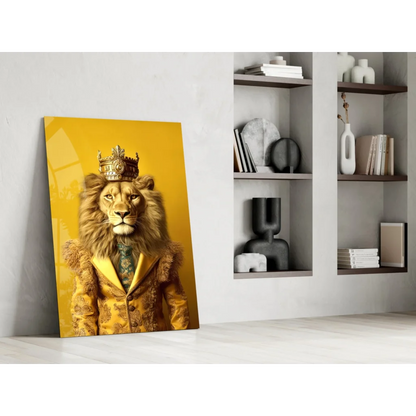 Majestic golden lion king glass wall art on vibrant yellow background
