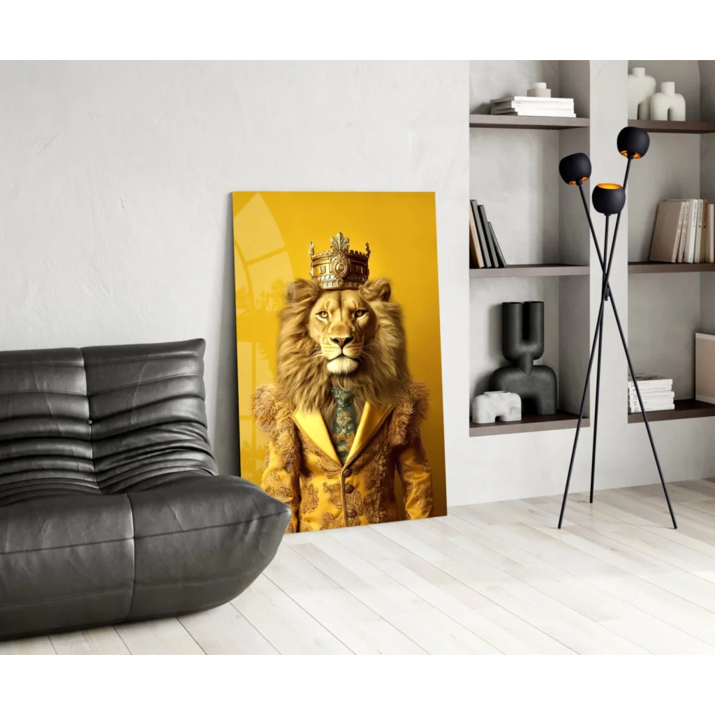 Majestic lion king glass wall art canvas in golden glory