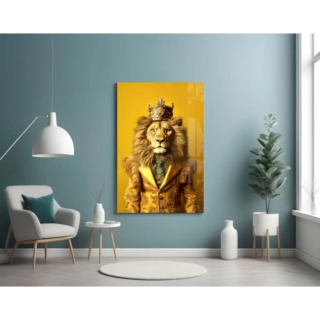 Majestic golden lion king glass wall art canvas with crown