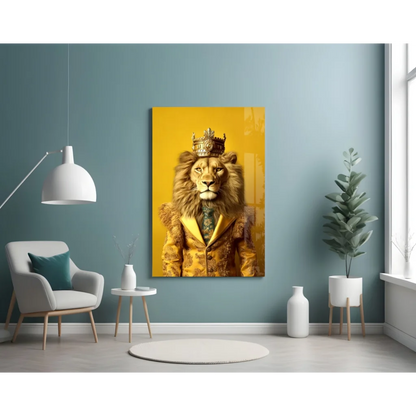 Majestic golden lion king glass wall art canvas with crown