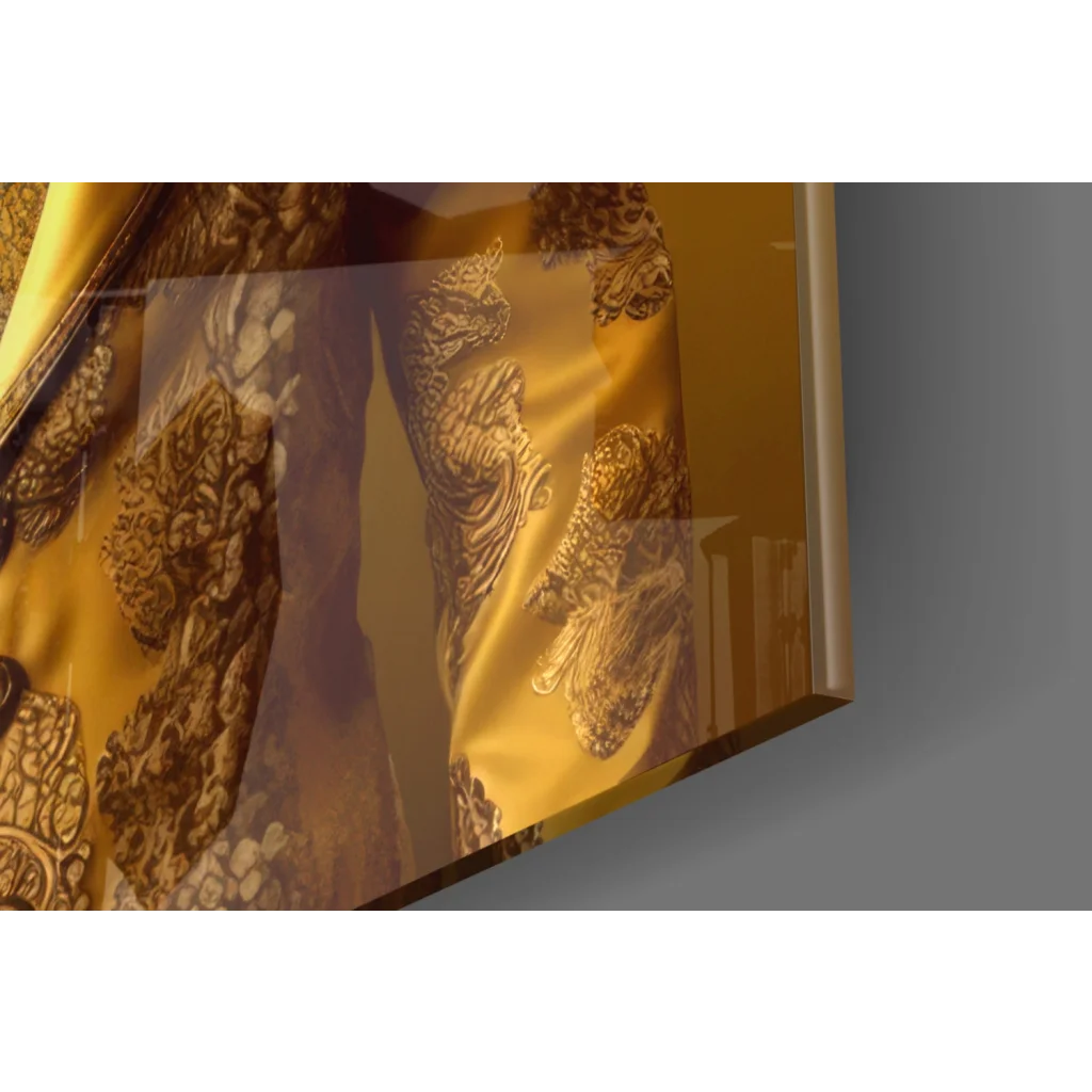 Golden silk scarf on majestic lion king glass wall art canvas