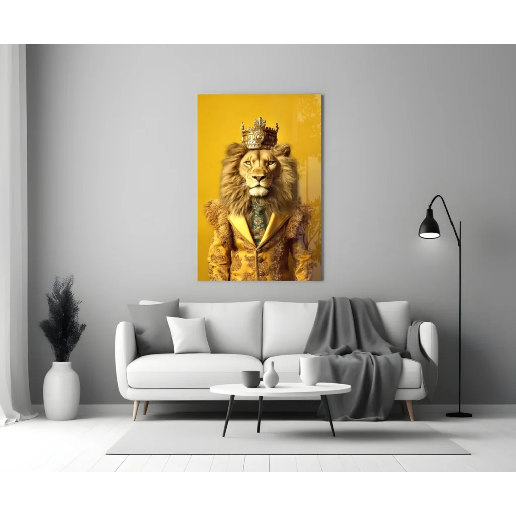 Majestic golden lion king glass wall art canvas with crown on yellow background