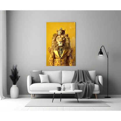 Majestic golden lion king glass wall art canvas with crown on yellow background