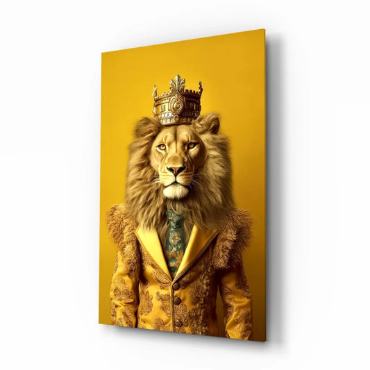 Majestic golden lion king glass wall art canvas in glory
