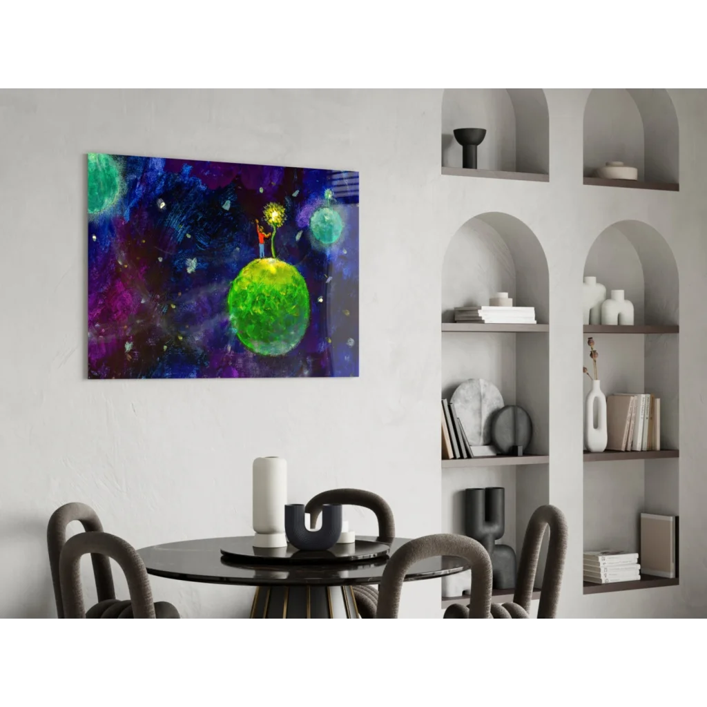 Vibrant green planet glass wall art with figure on starry purple blue background