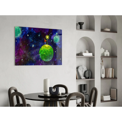 Vibrant green planet glass wall art with figure on starry purple blue background