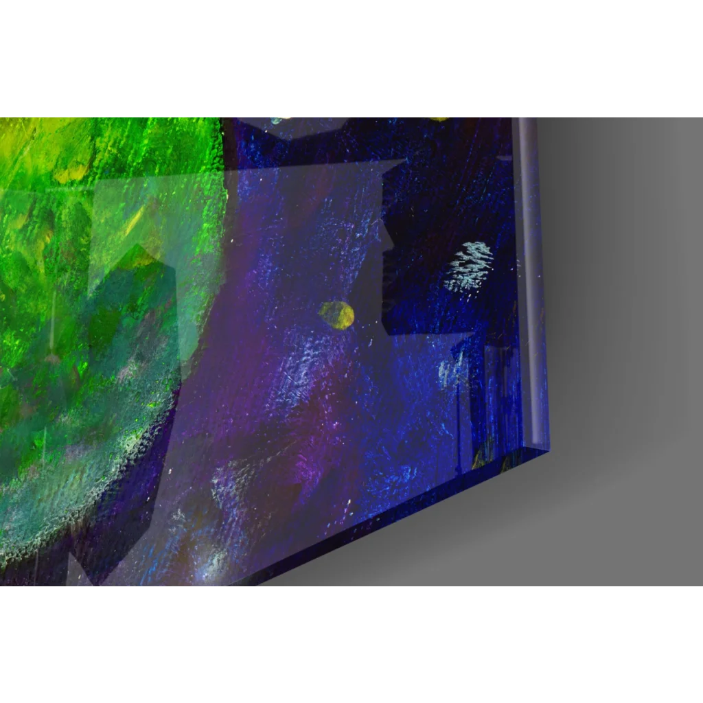 Vibrant abstract glass wall art print in bold green, blue, purple hues