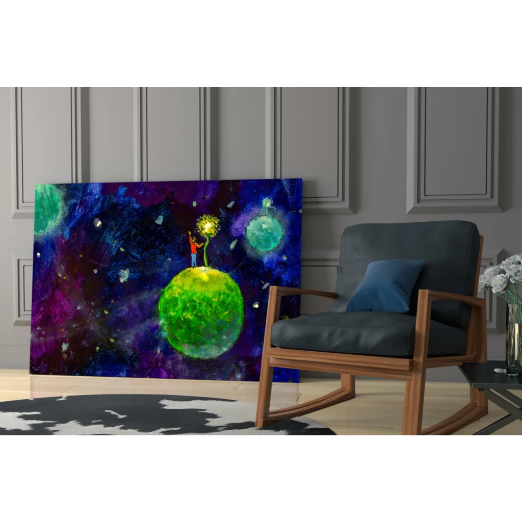 Vibrant cosmic glass wall art with glowing planets in green, purple hues