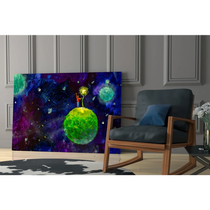 Vibrant cosmic glass wall art with glowing planets in green, purple hues