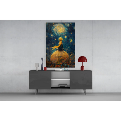 Golden-haired boy on planet under starry sky in glass wall art