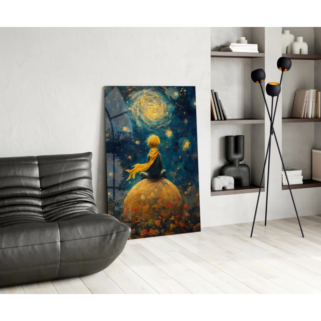 Golden-haired boy on planet under starry sky in glass wall art