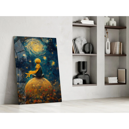 Little Prince on golden planet in glass wall art under starry sky