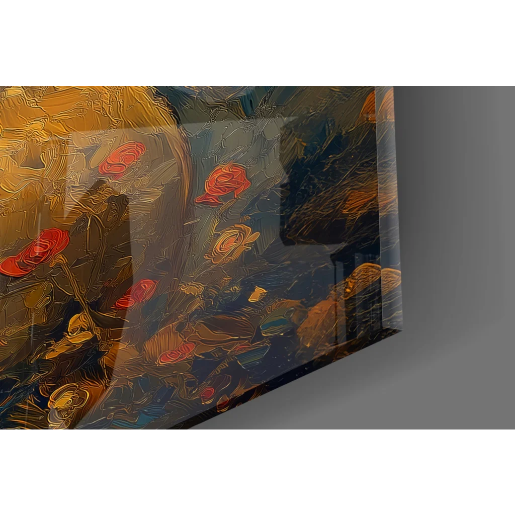 Stunning glass wall art of golden red roses on dark blue background