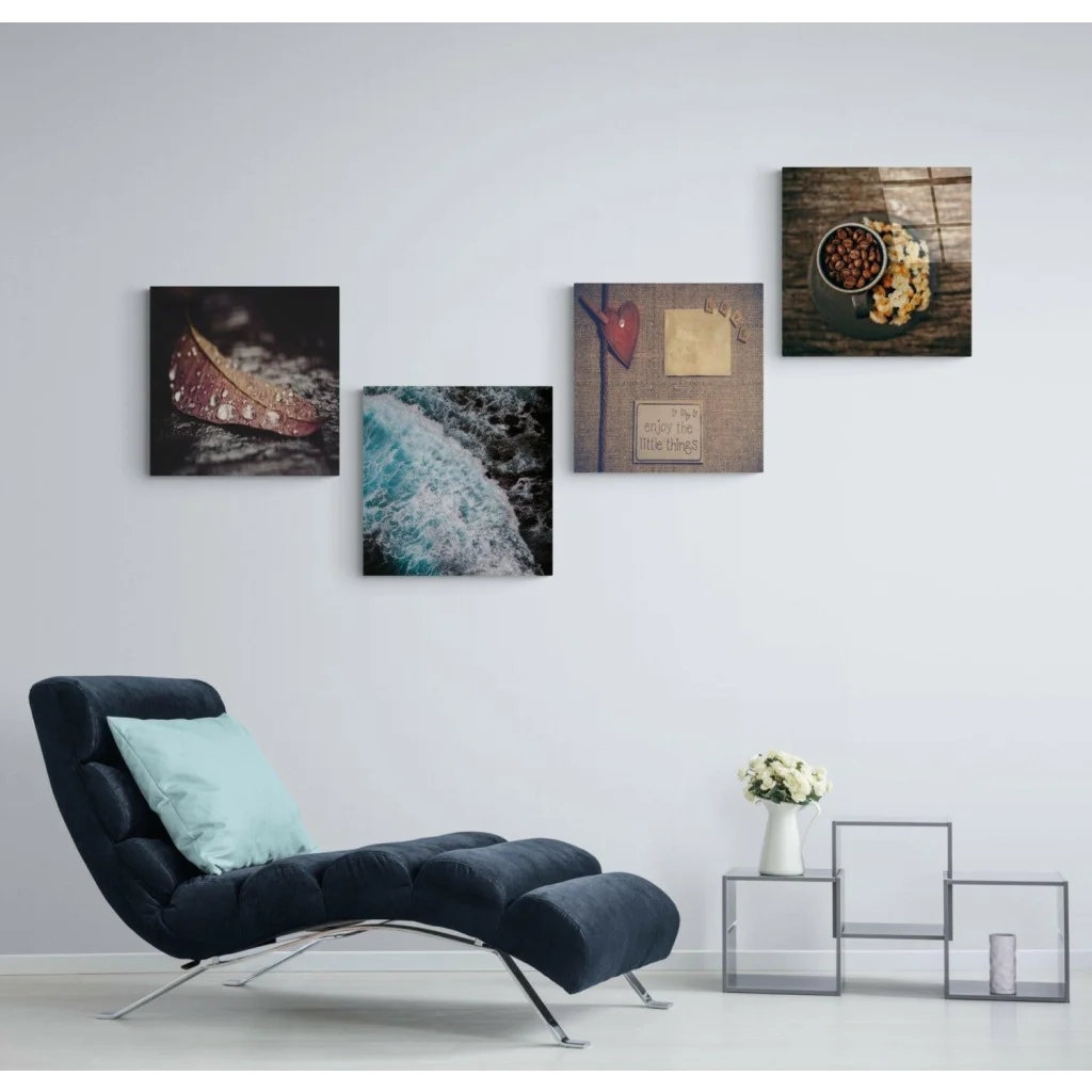 Stunning Insigne glass wall art with vibrant colors near dark blue velvet chaise lounge